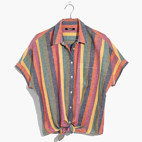 Madewell - Short-Sleeve Tie-Front Shirt in Rainbow Stripe -Small - Picture 1 of 6